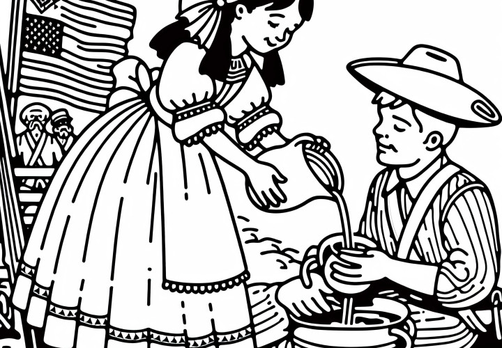Chica trae agua a un soldado herido - Dibujo para colorear de la guerra de los Treinta Años gratis