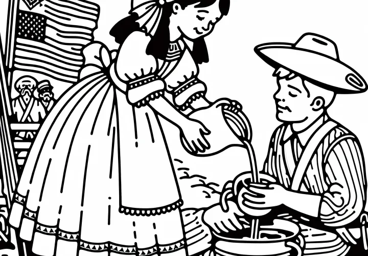 Девочка приносит воду раненому солдату – раскраска на тему тридцатилетней войны бесплатно