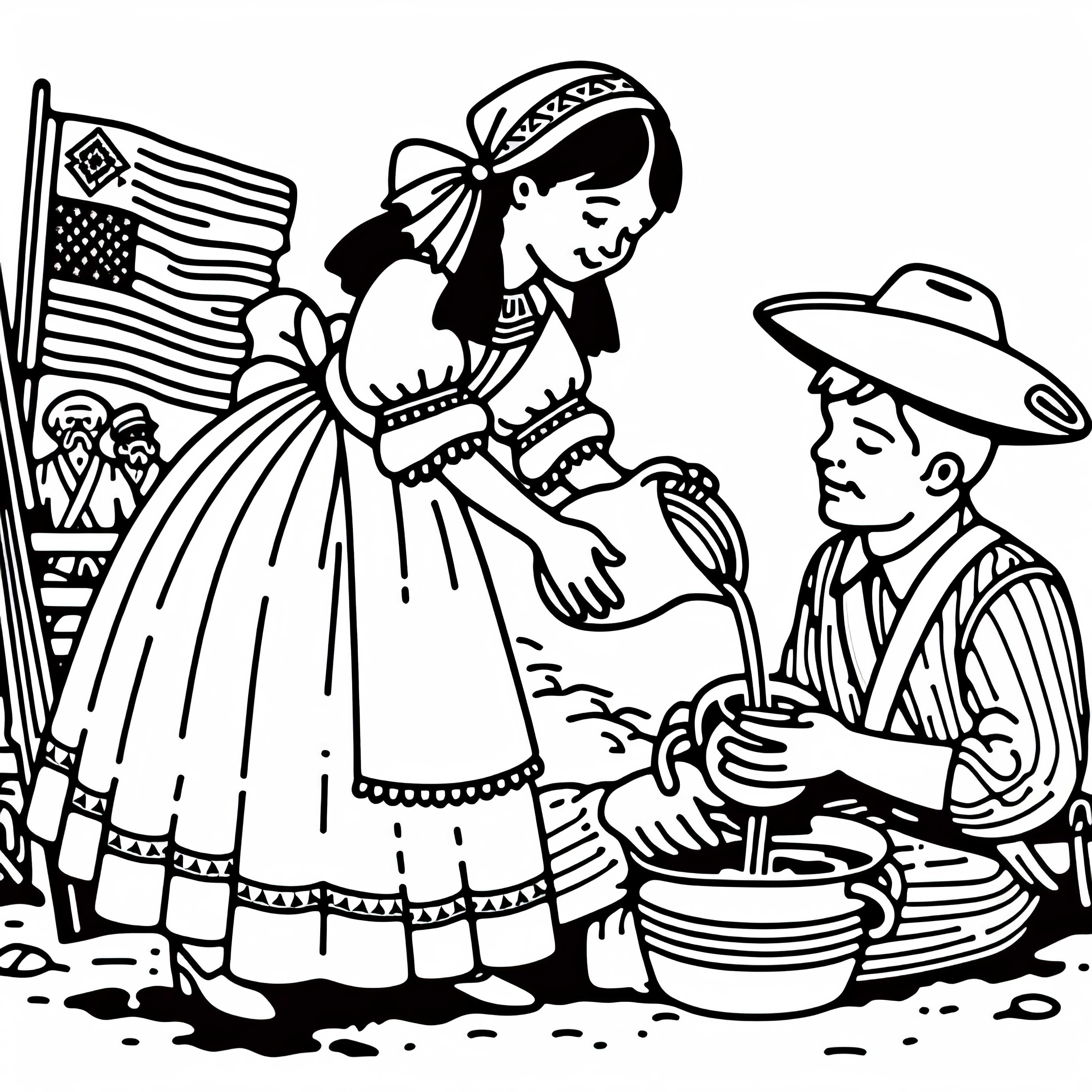 Niña trae agua a un soldado herido - Dibujo para colorear de la Guerra de los Treinta Años gratis