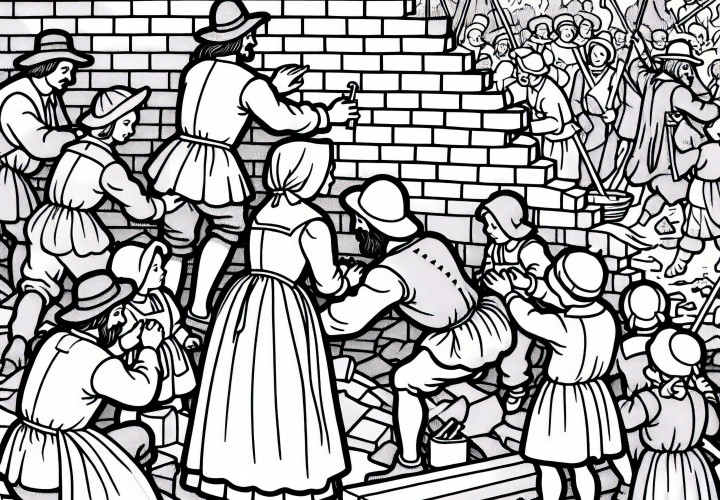 Artesanos que reconstruyen la pared destruida - Plantilla para colorear sobre la Guerra de los Treinta Años