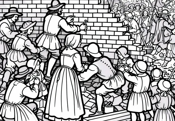 Ремесленники, восстанавливающие разрушённую стену — раскраска к Тридцатилетней войне