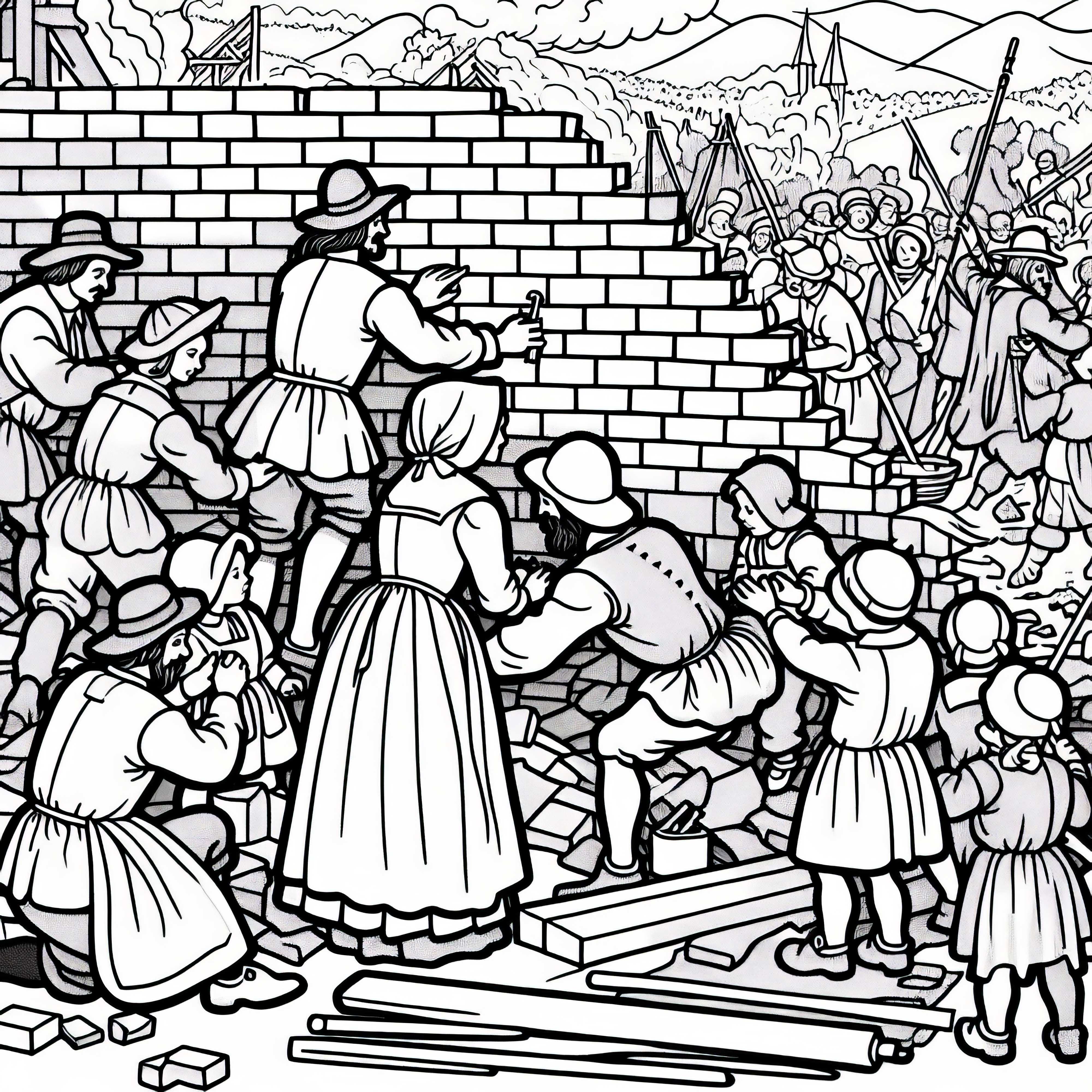 Artesanos que reconstruyen la muralla destruida - Plantilla para colorear sobre la guerra de los treinta años