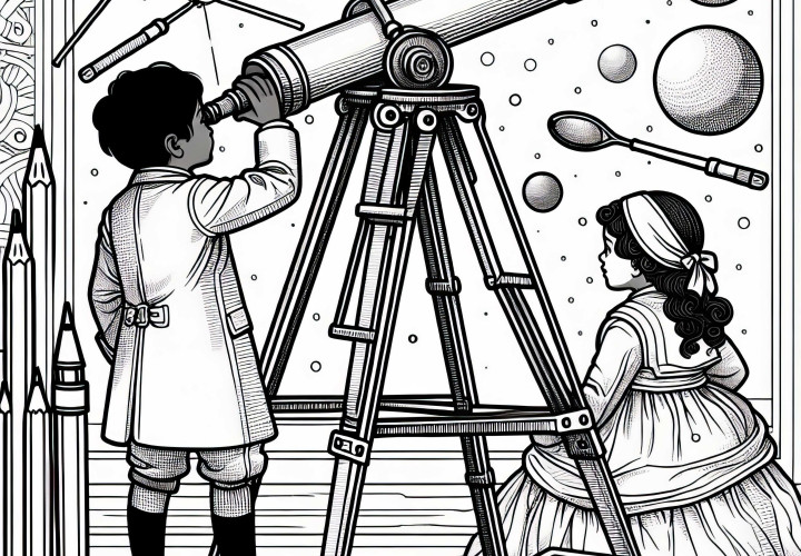 Children are looking through the telescope at the sky – Coloring page inventions free
