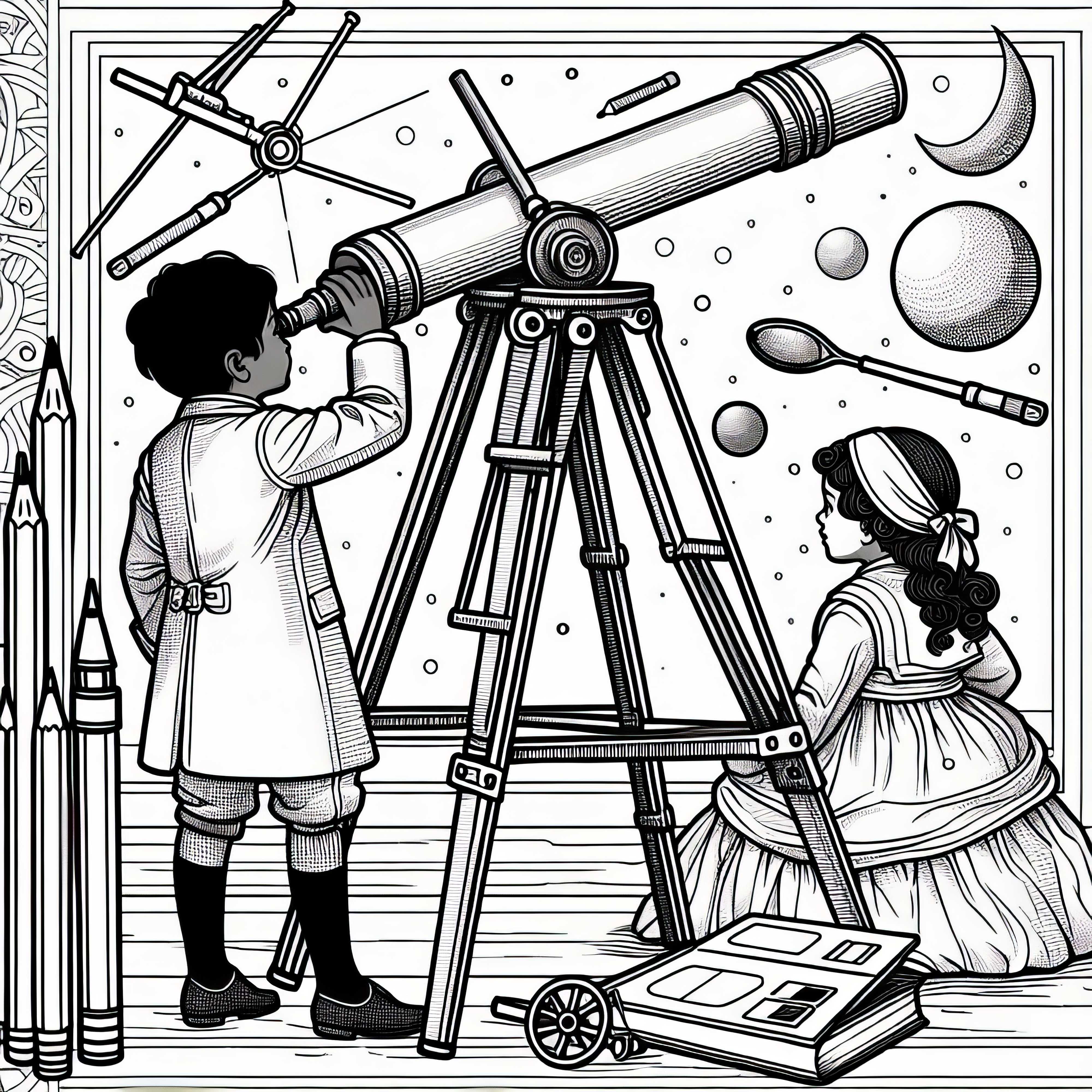Children are looking through the telescope at the sky – Free coloring page inventions Children looking through the telescope at the sky - Coloring page inventions free