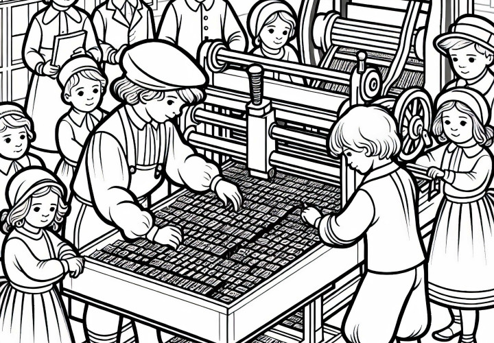 Children inserting letters into a printing press – Coloring template inventions Free