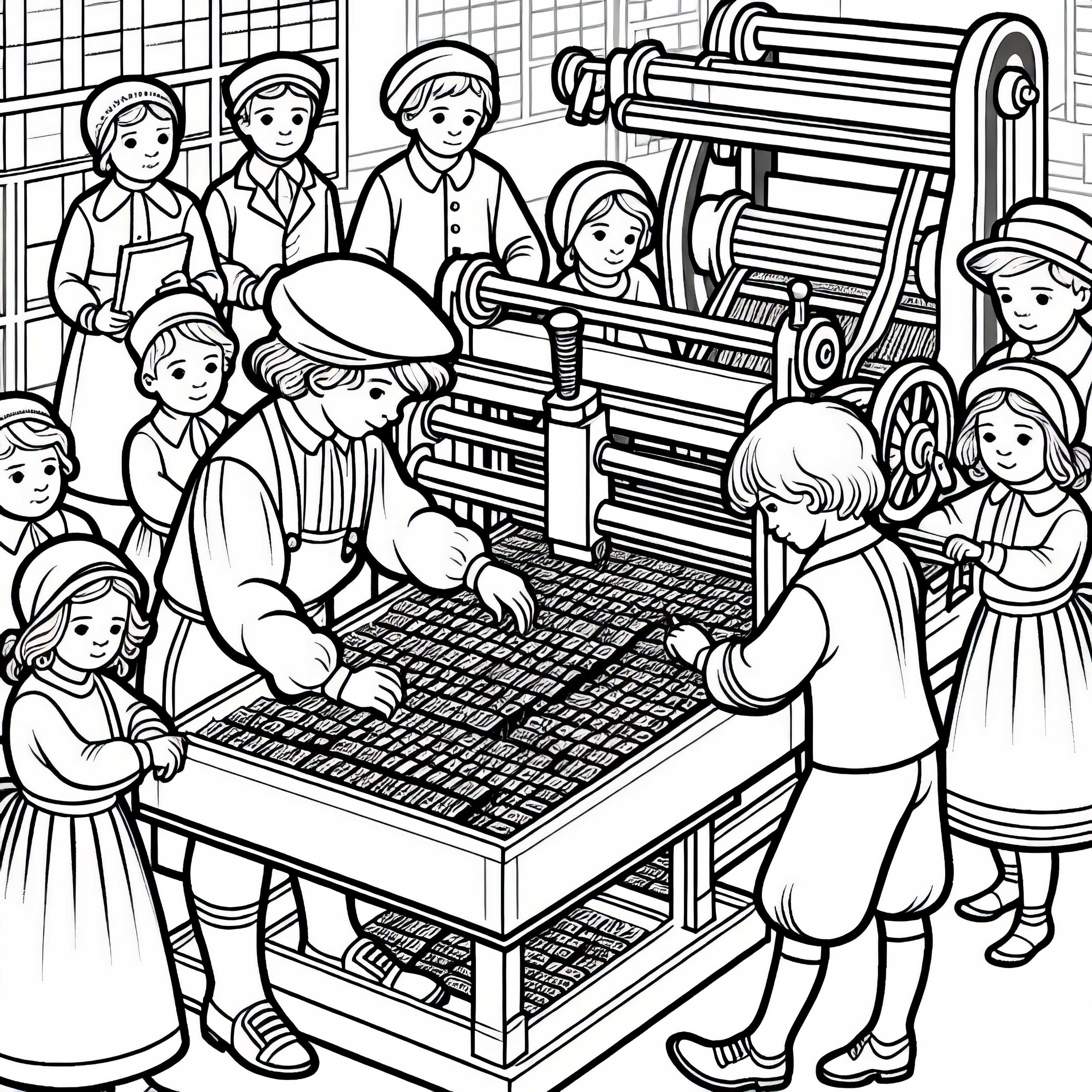 Children inserting letters into a printing press – Coloring page inventions free Children placing letters in a printing press – Coloring page inventions free