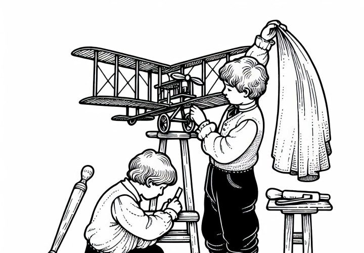 Children craft an aircraft out of wood and fabric - coloring template for inventions