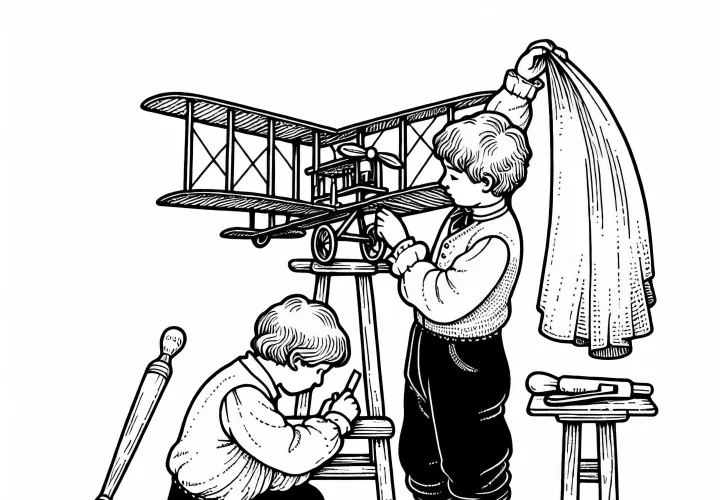 Дети создают самолет из дерева и ткани - раскраска для изобретений