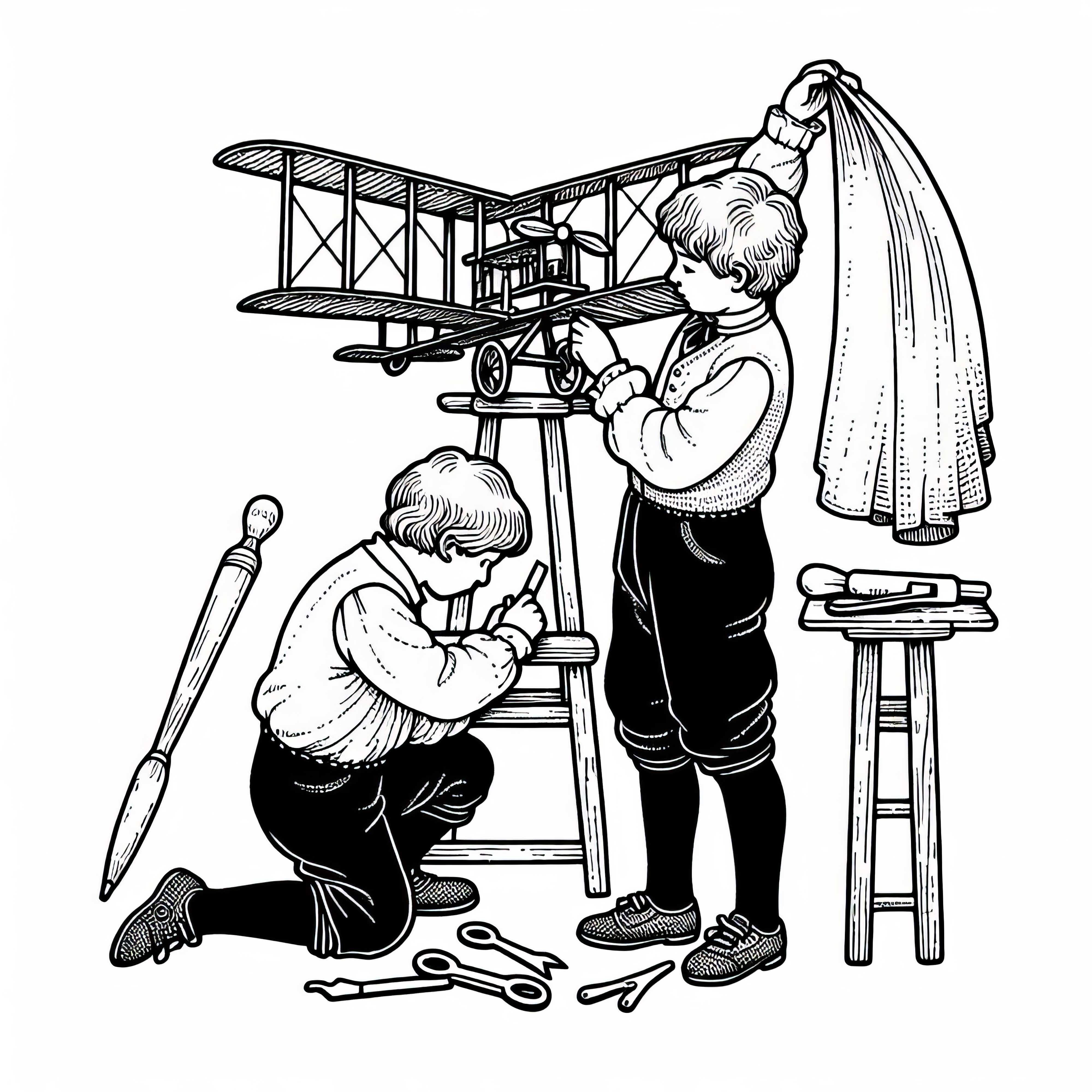 Children are crafting an airplane from wood and fabric - coloring template for inventions Children craft an airplane out of wood and fabric - coloring template for inventions