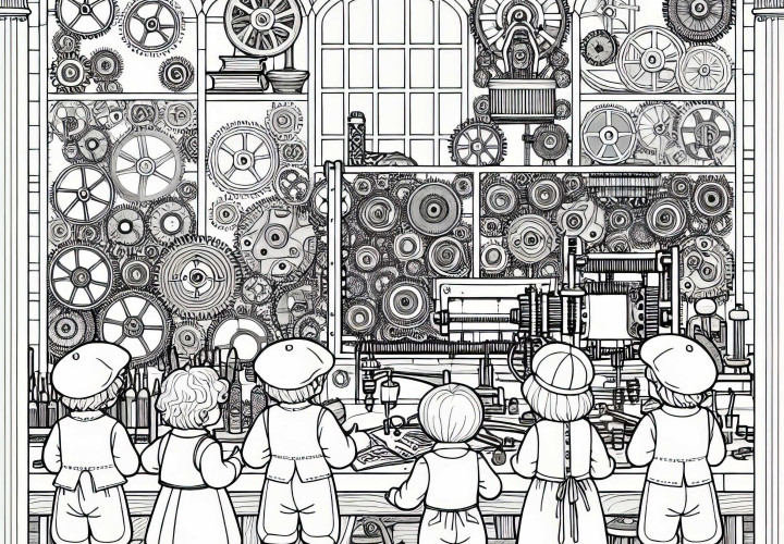 Workshop full of gears – Inventions coloring template free