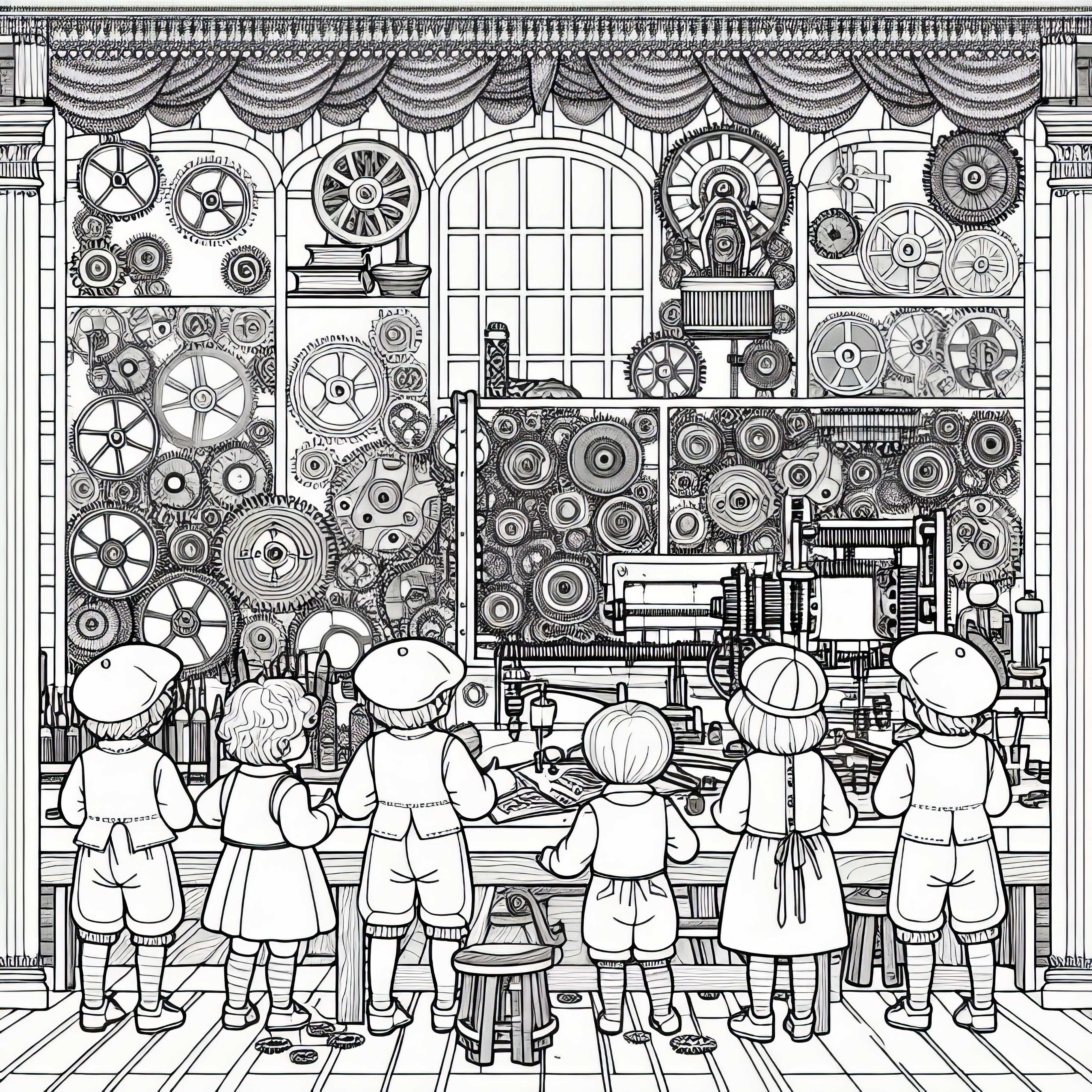 Workshop full of gears – Inventions coloring template free Workshop full of gears - Inventions coloring page for free