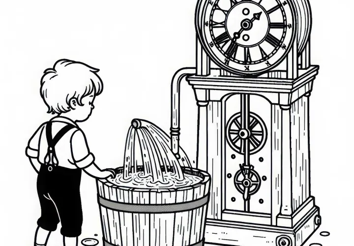 Мальчик наблюдает за водяными часами, когда они тикают – Бесплатный раскраска изобретения