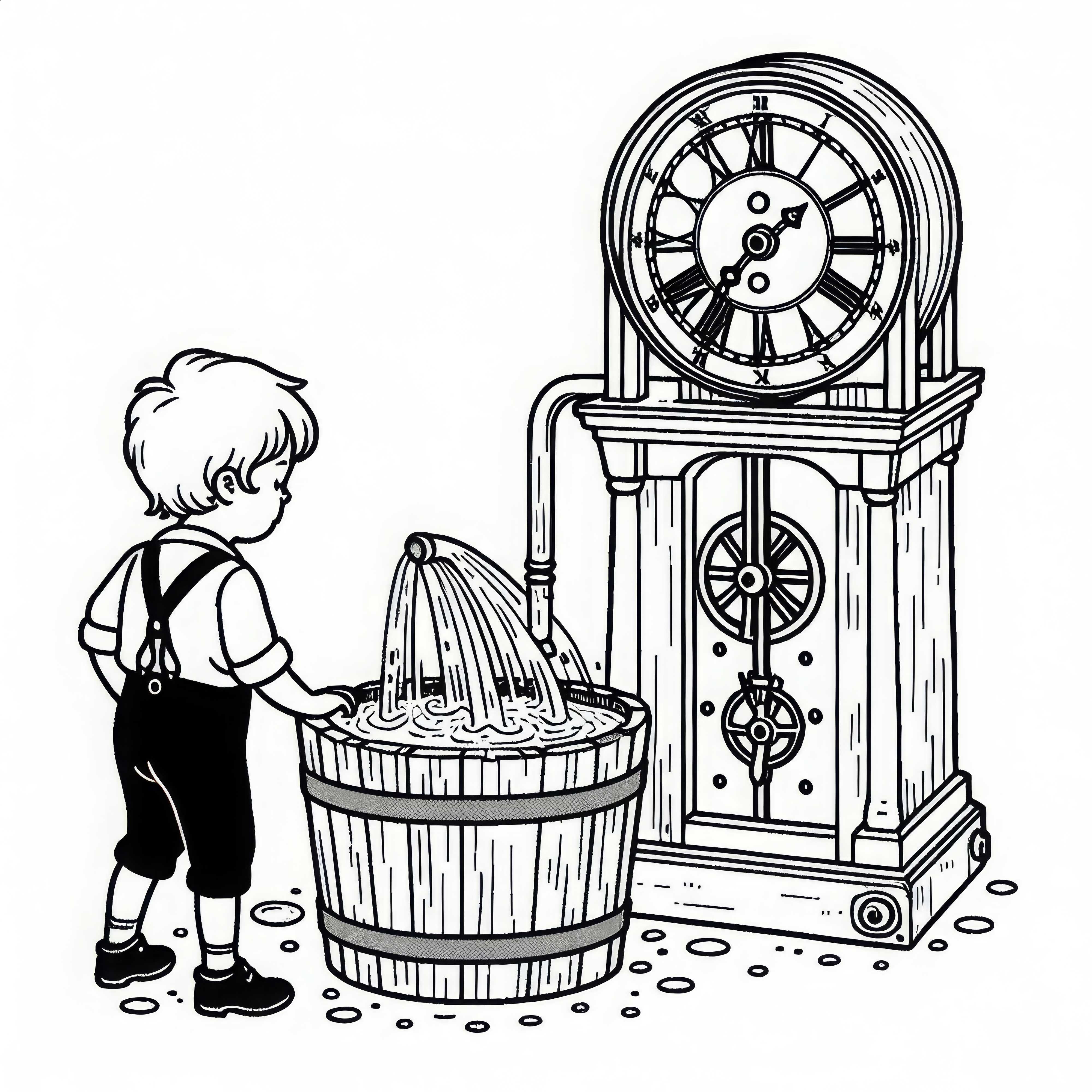 Boy watching water clock ticking – Free coloring page inventions Boy watches water clock ticking – Free coloring page inventions