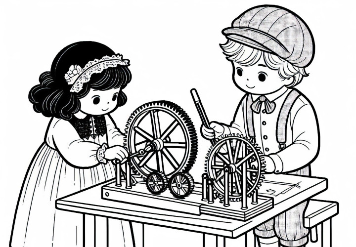 Children build gear model: Free coloring template for inventions