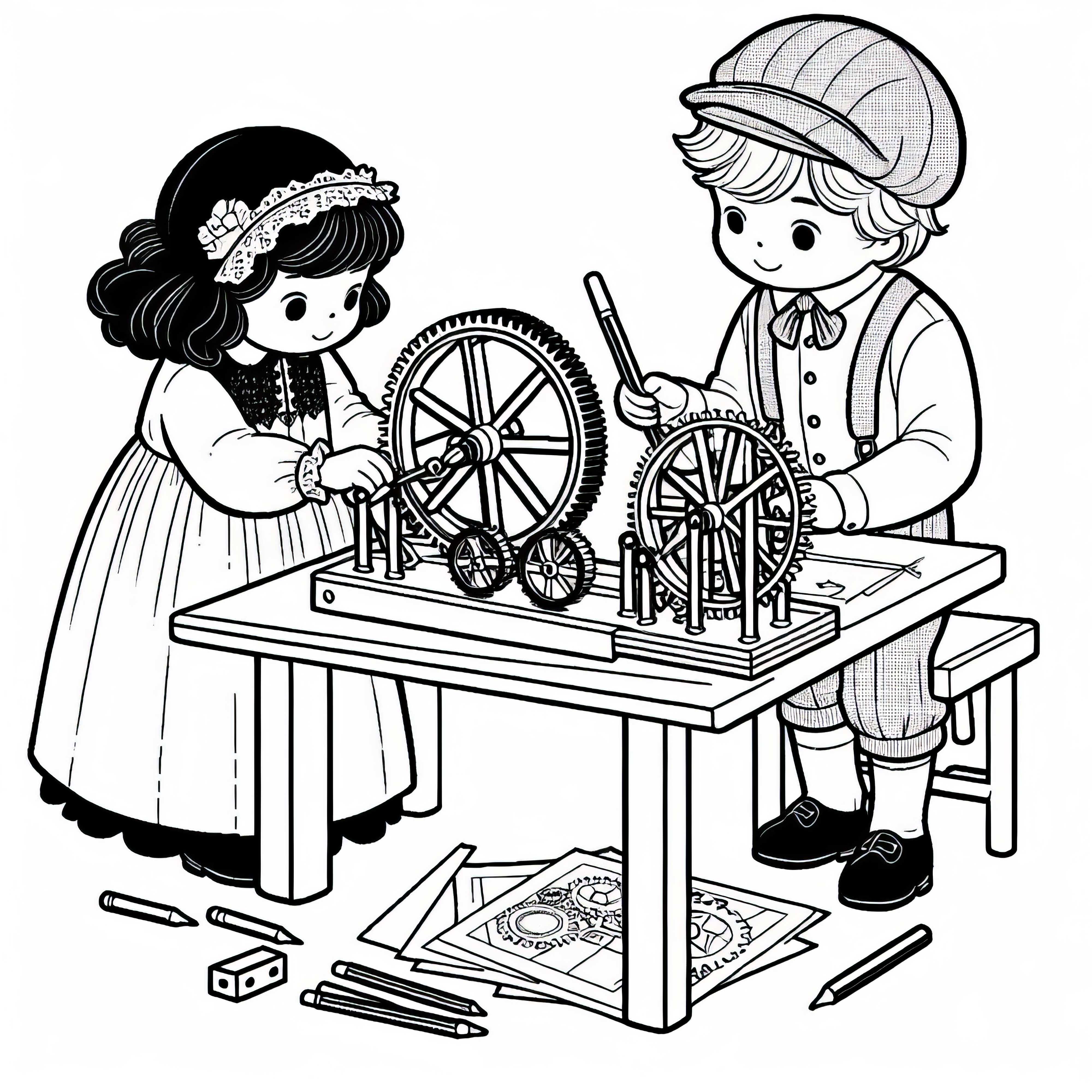 Children build a gear model: Free coloring template for inventions Children build gear models: Free coloring template for inventions