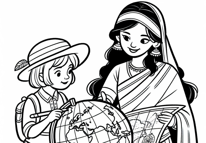 Woman explains the world map with discovery routes to girls - Coloring template inventions for free