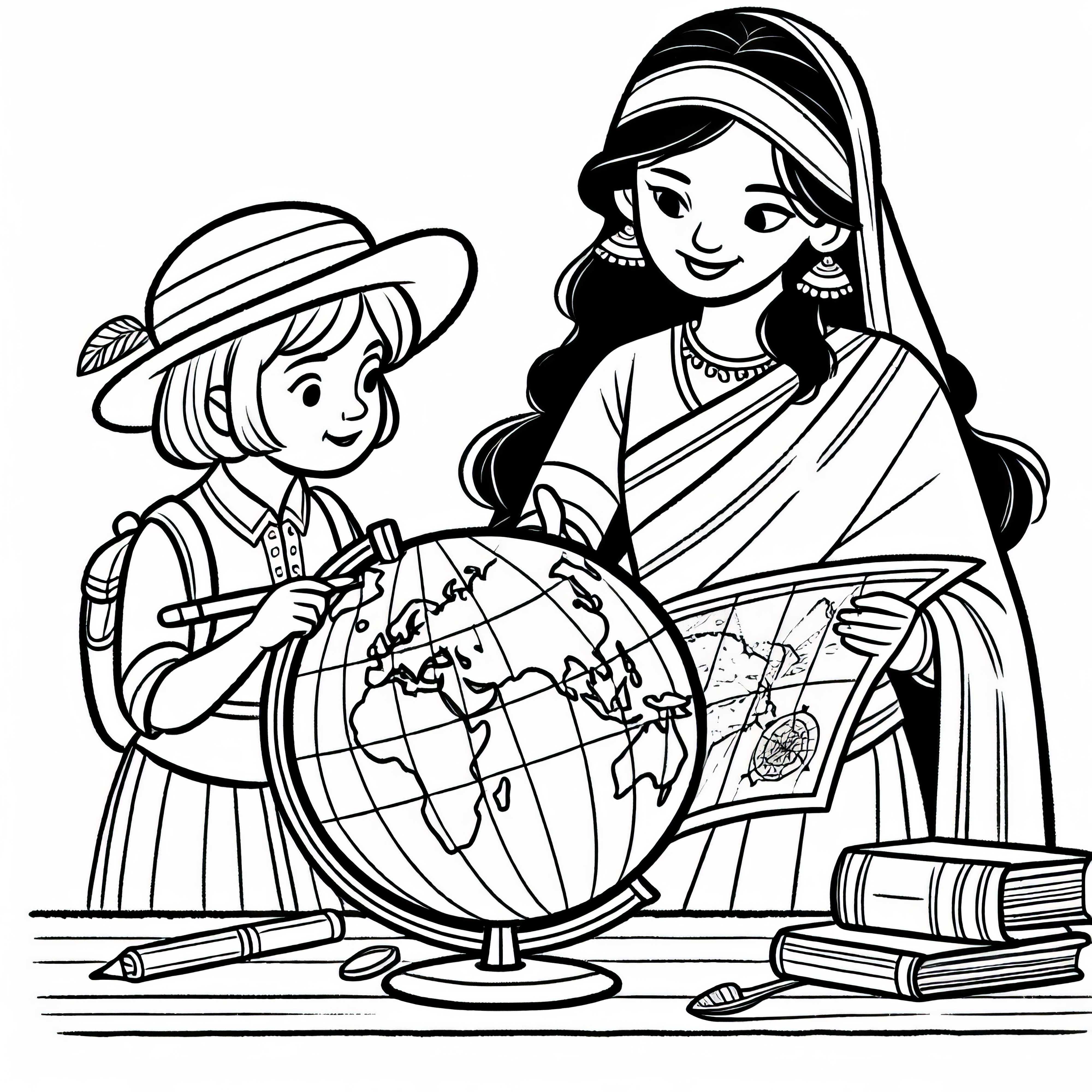 Woman explains the world map with discovery routes to girl – Free coloring template inventions Woman explains the world map with discovery routes to girl – Free coloring page inventions