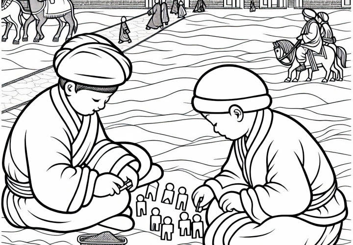 Children play with wooden figures in the sand yard – Free coloring page Silk Road