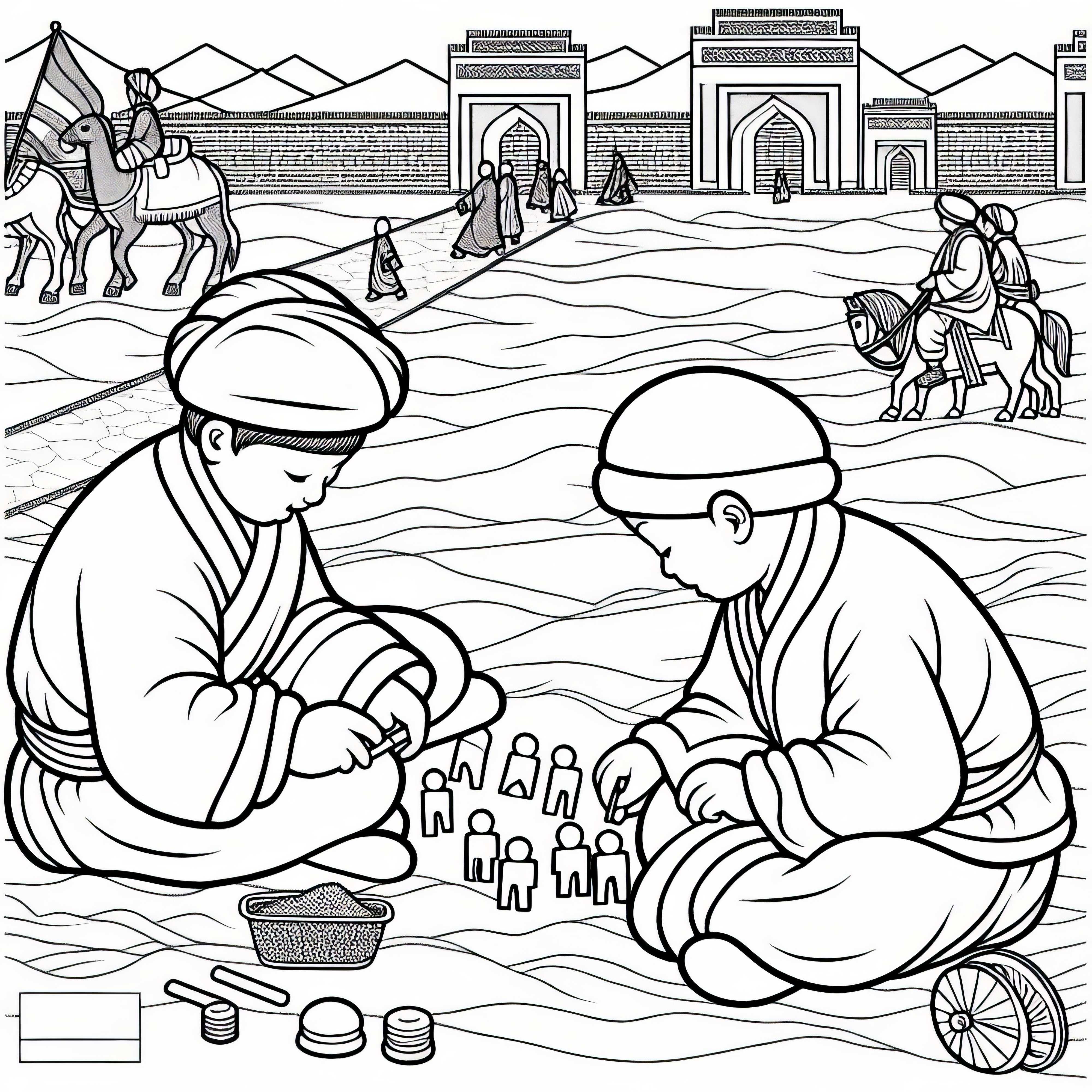 Children playing with wooden figures in the sand courtyard – Free coloring page Silk Road Children playing with wooden figures in the sand yard – Free coloring page Silk Road