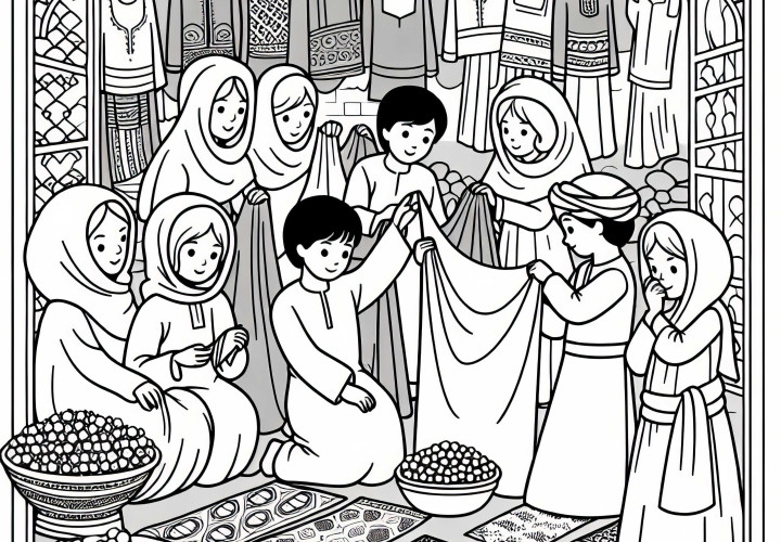 Oriental market with fabrics and spices - coloring page of the Silk Road