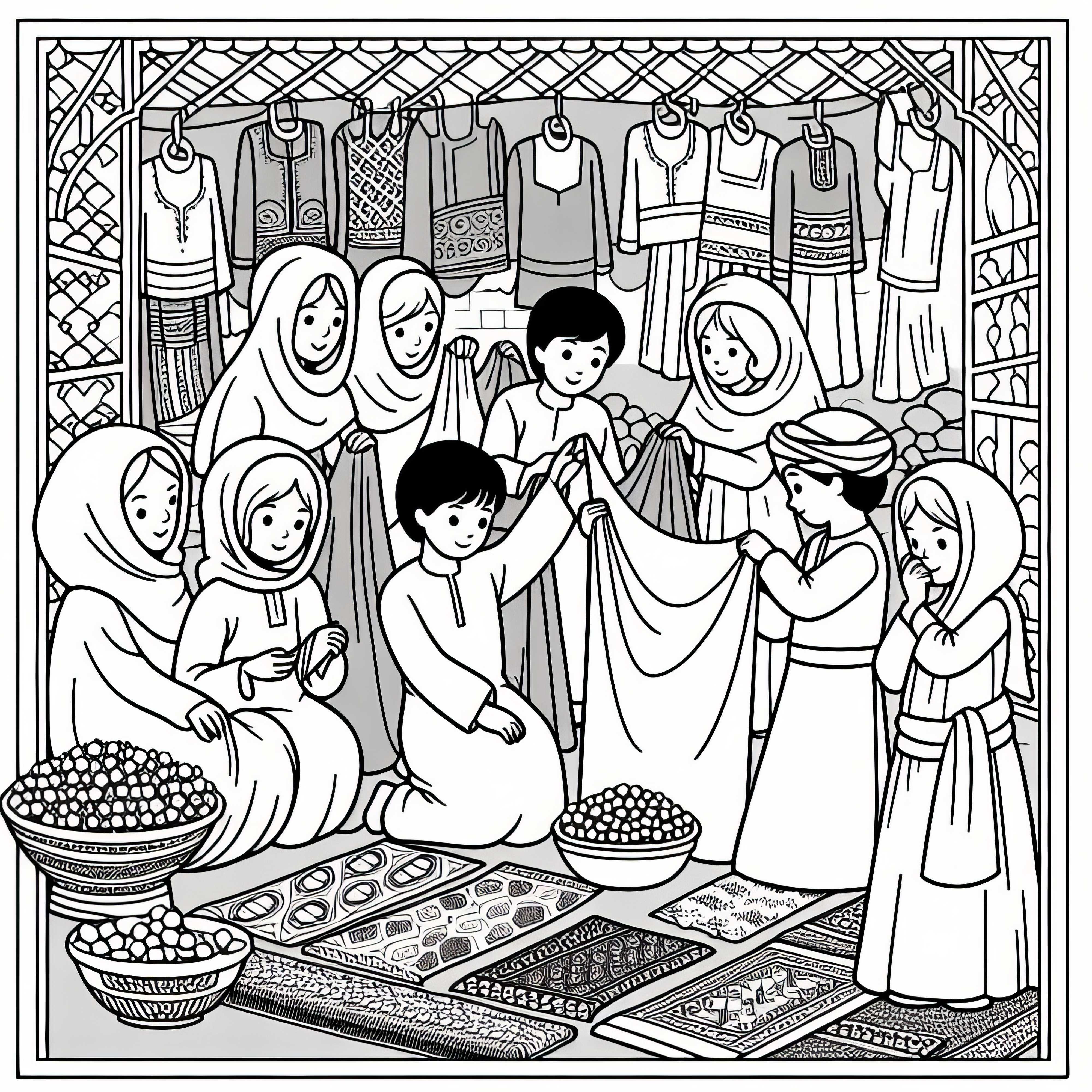 Oriental market with fabrics and spices – Coloring page of the Silk Road Oriental market with fabrics and spices – Coloring page for the Silk Road