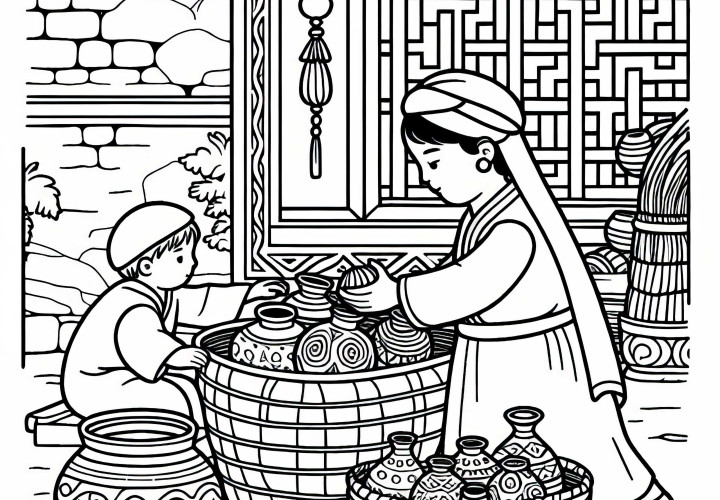 Child helps unpacking ceramics from basket – Free coloring page Silk Road