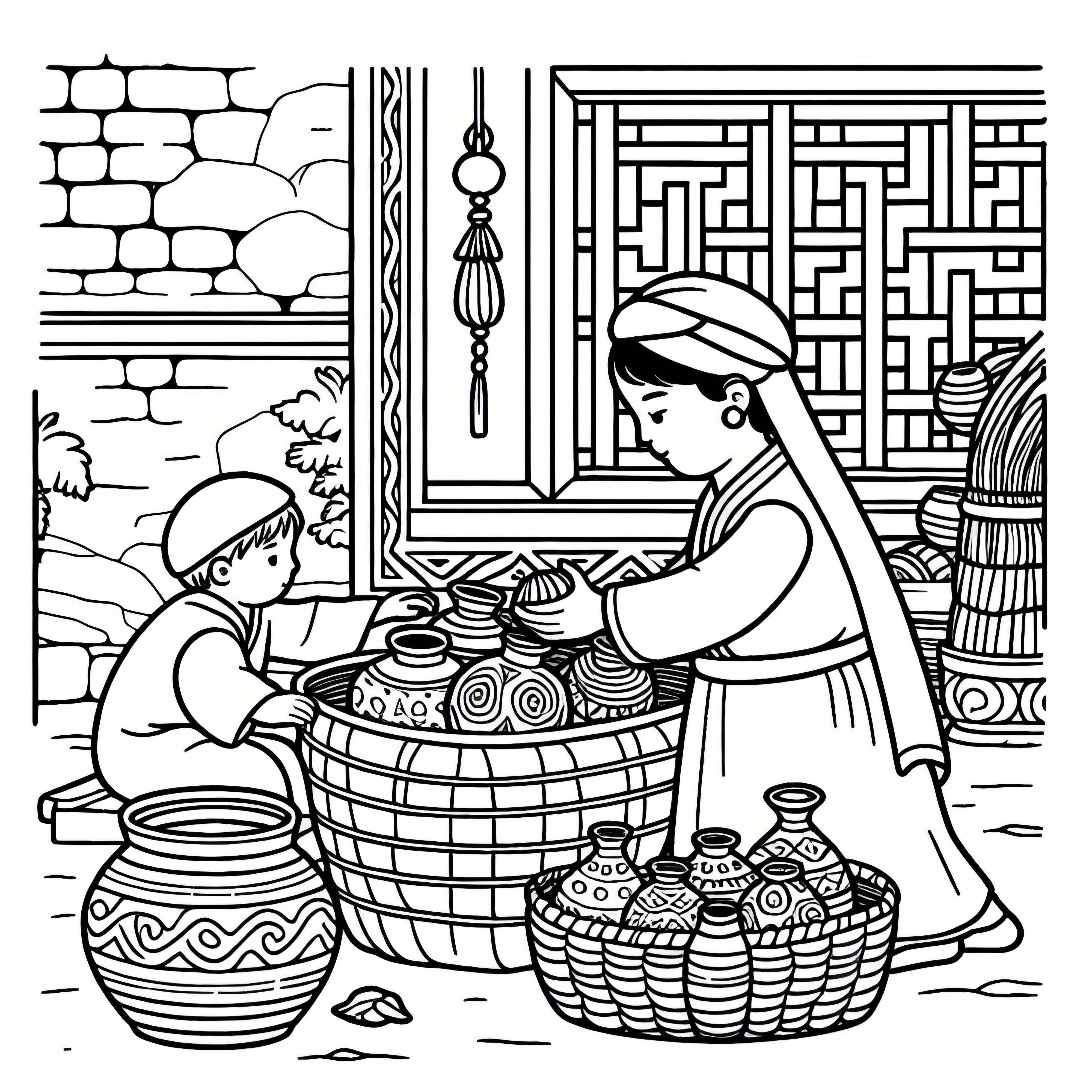 Child helps unpack ceramics from basket – Free coloring page Silk Road Child helps unpacking ceramics from basket - Free coloring page Silk Road