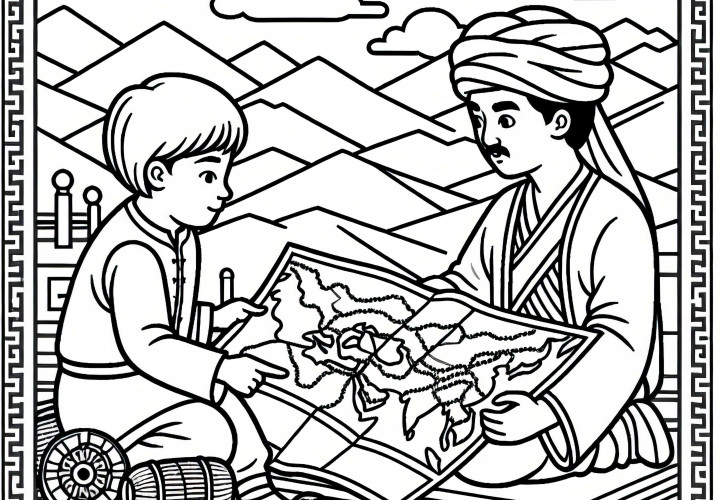 Boy looks at map of the Silk Road routes - Silk Road coloring page Free