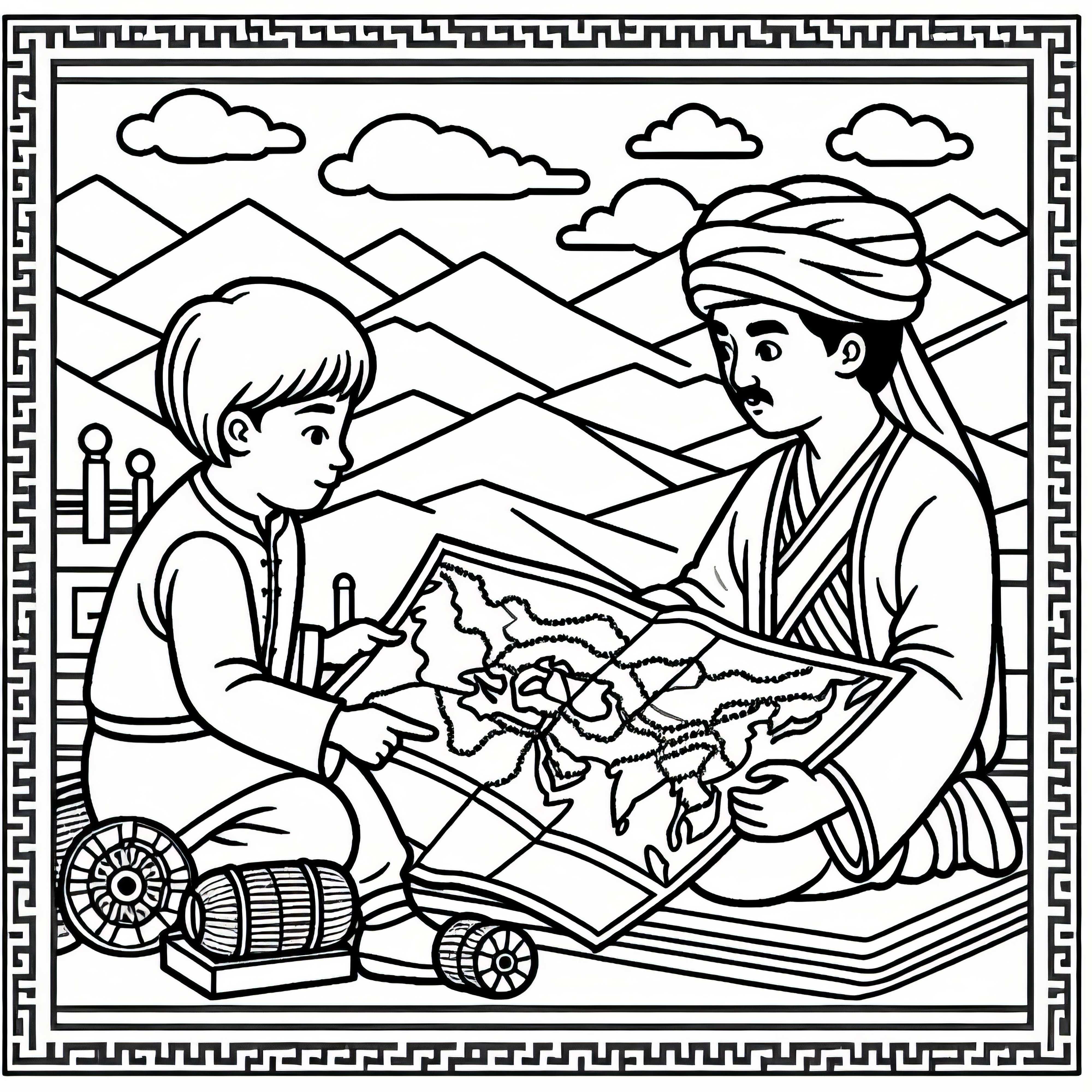Boy looks at map with routes of the Silk Road - Free Silk Road coloring page Boy looks at map with routes of the Silk Road - Silk Road coloring page free