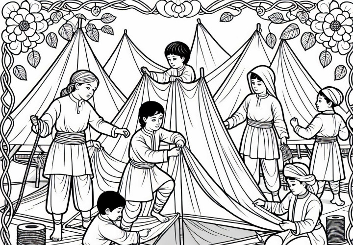 Small tent camp as a coloring picture on the Silk Road for free