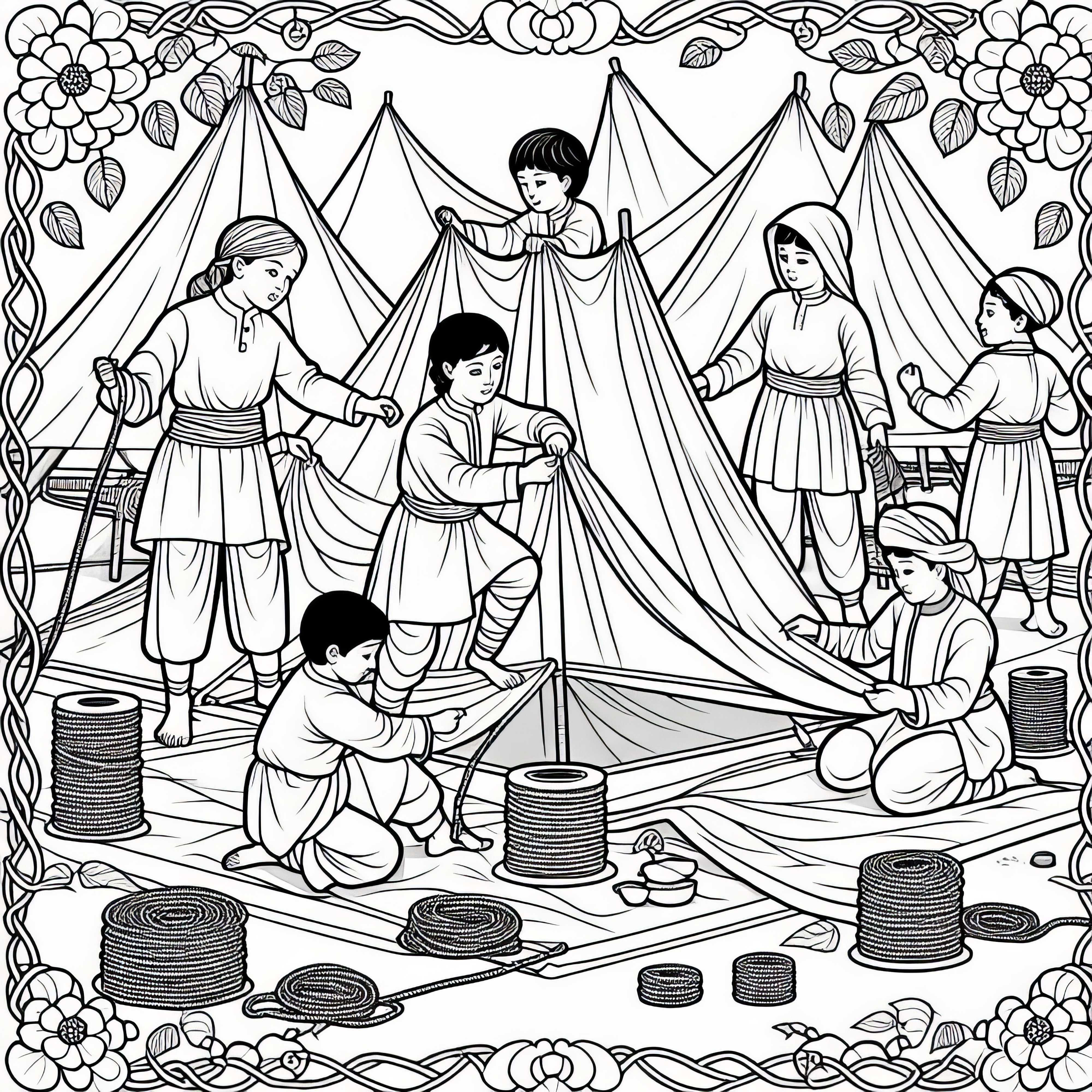 Small campsite coloring page along the Silk Road for free Small tent camp as a coloring picture along the Silk Road for free