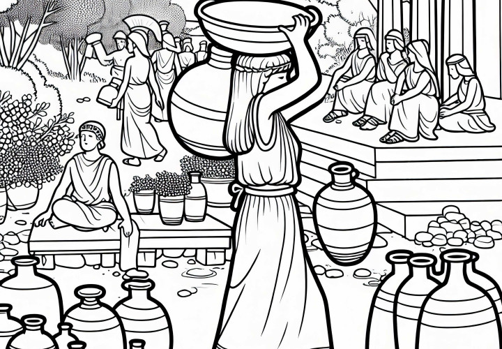 Girl brings water jugs to outdoor gathering - Coloring page Sparta Athens free