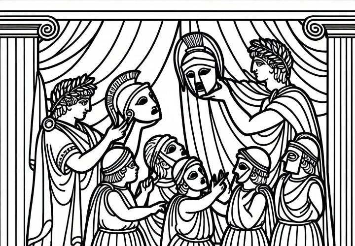 Theater with Masks - Free Coloring Page Sparta and Athens