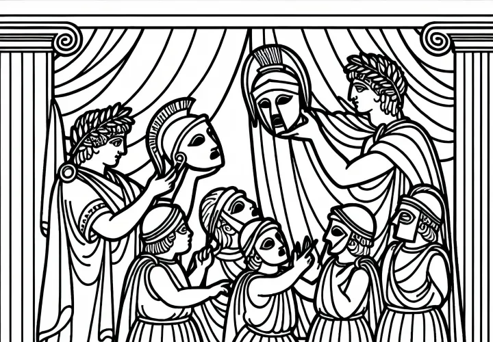 Театр с масками – раскраска Спарта и Афины бесплатно