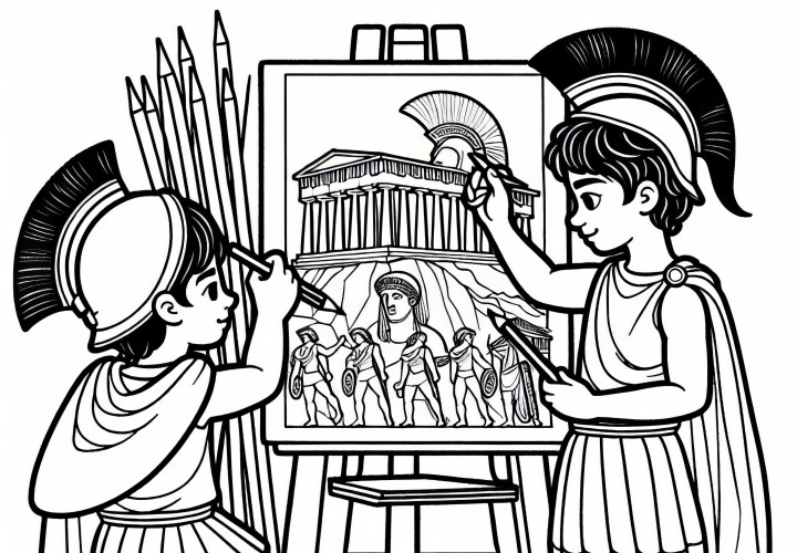 Boys paint picture of the Acropolis – Coloring page of Sparta and Athens for download
