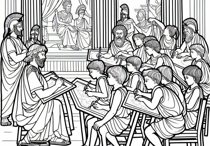 School in Athens – Children learn with chalkboards (Coloring page, Sparta, Athens) Free