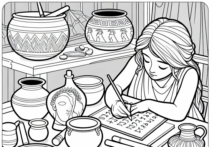 Girl writes letters on clay shard – Coloring template from Sparta and Athens for free