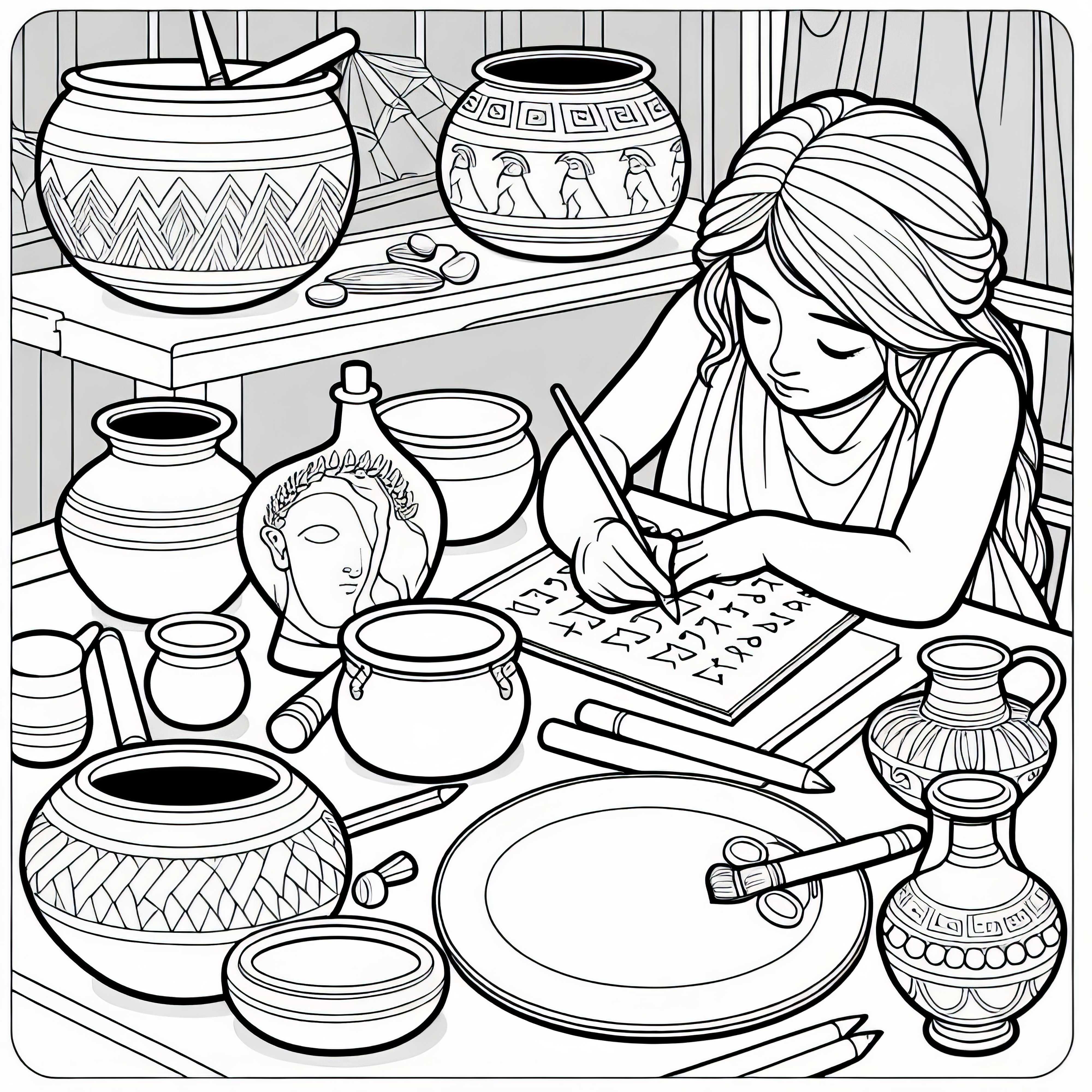 Girl writes letters on clay shard - coloring template from Sparta and Athens for free Girl writes letters on clay shard - coloring template from Sparta and Athens for free