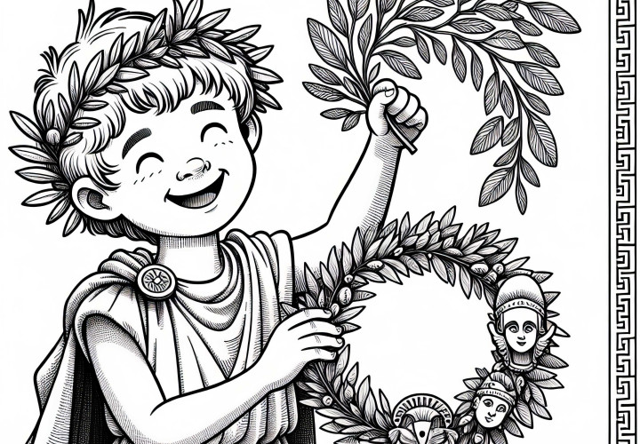 Child proudly shows laurel wreath - coloring template Sparta Athens free