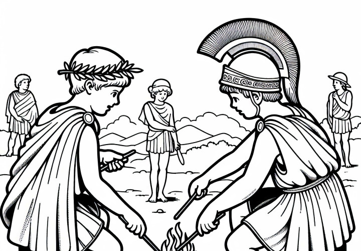 Children at the campfire – coloring template from Sparta and Athens – Free