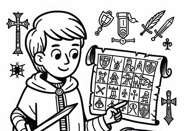 Schatzkarte mit geheimen Zeichen – Ausmalbild der Tempelritter zum Gratis-Download