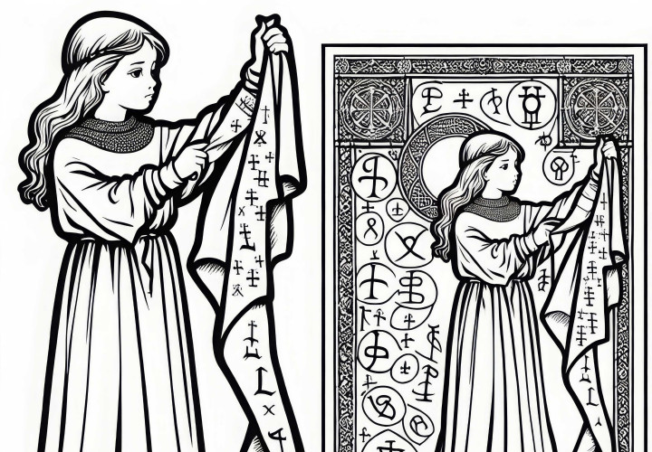 Jente med duk full av symboler – Malemal for Tempelriddere gratis