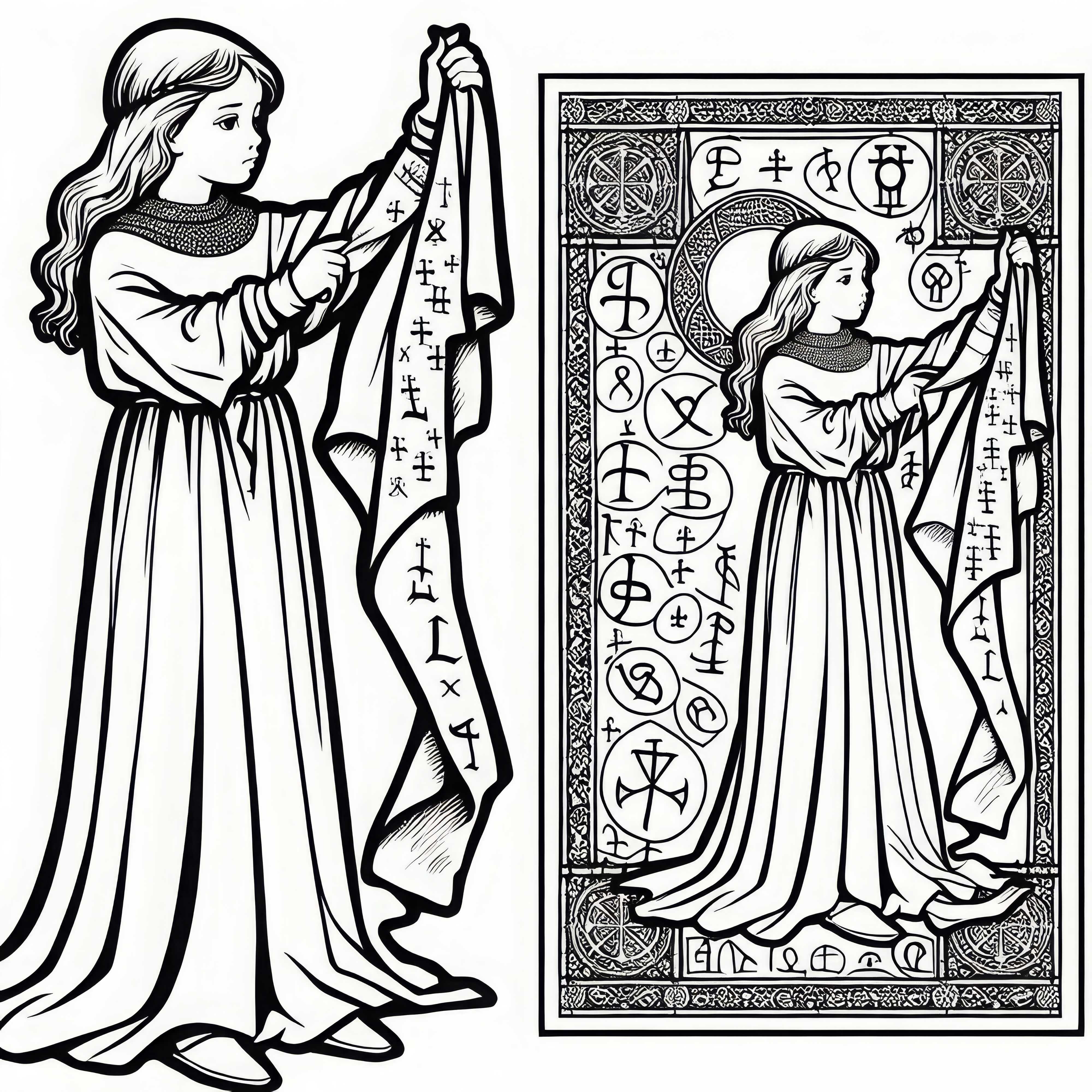 Mädchen mit Tuch voller Symbole – Malvorlage Tempelritter kostenlos