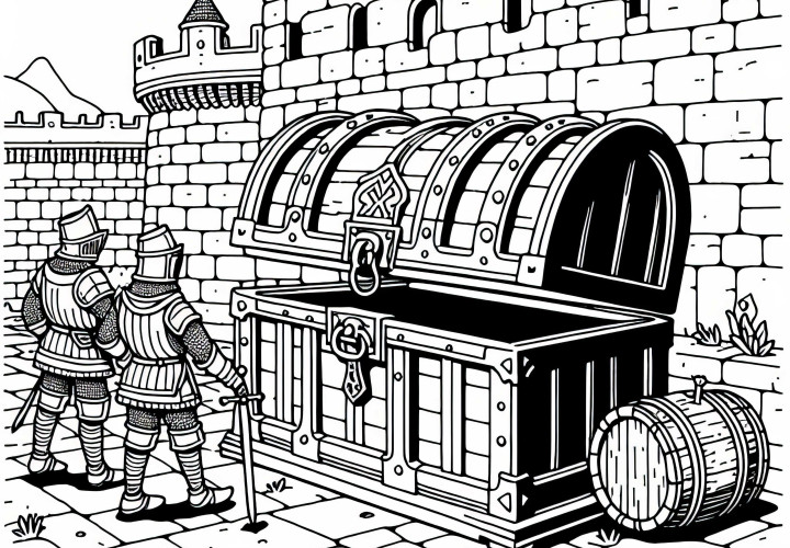 Geheimnisvolle Truhe vor der Burgmauer – Malvorlage für Tempelritter gratis
