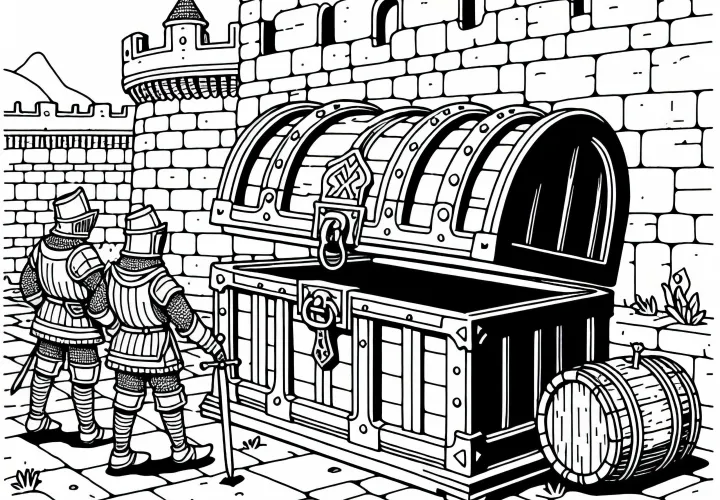 Таинственный сундук у стен замка – раскраска для тамплиеров бесплатно