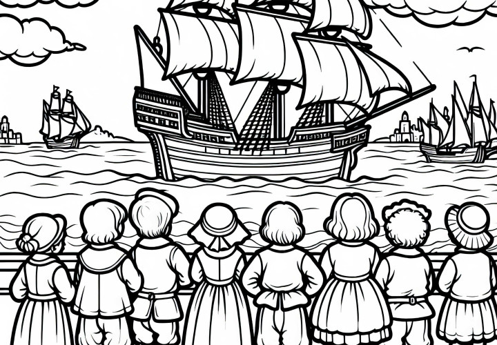 Vapor mare în port cu pânze fluturânde – imagine de colorat din epoca de aur a Spaniei gratuit