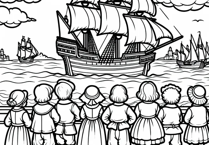 Большой корабль в порту с развевающимися парусами – раскраска из золотого века Испании бесплатно