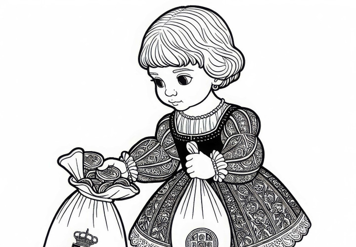 Fată care poartă monede de aur în pungă – Desen de colorat din epoca de aur a Spaniei, gratuit