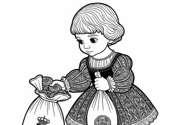 Девочка носит золотые монеты в мешочке – раскраска из золотой эпохи Испании бесплатно