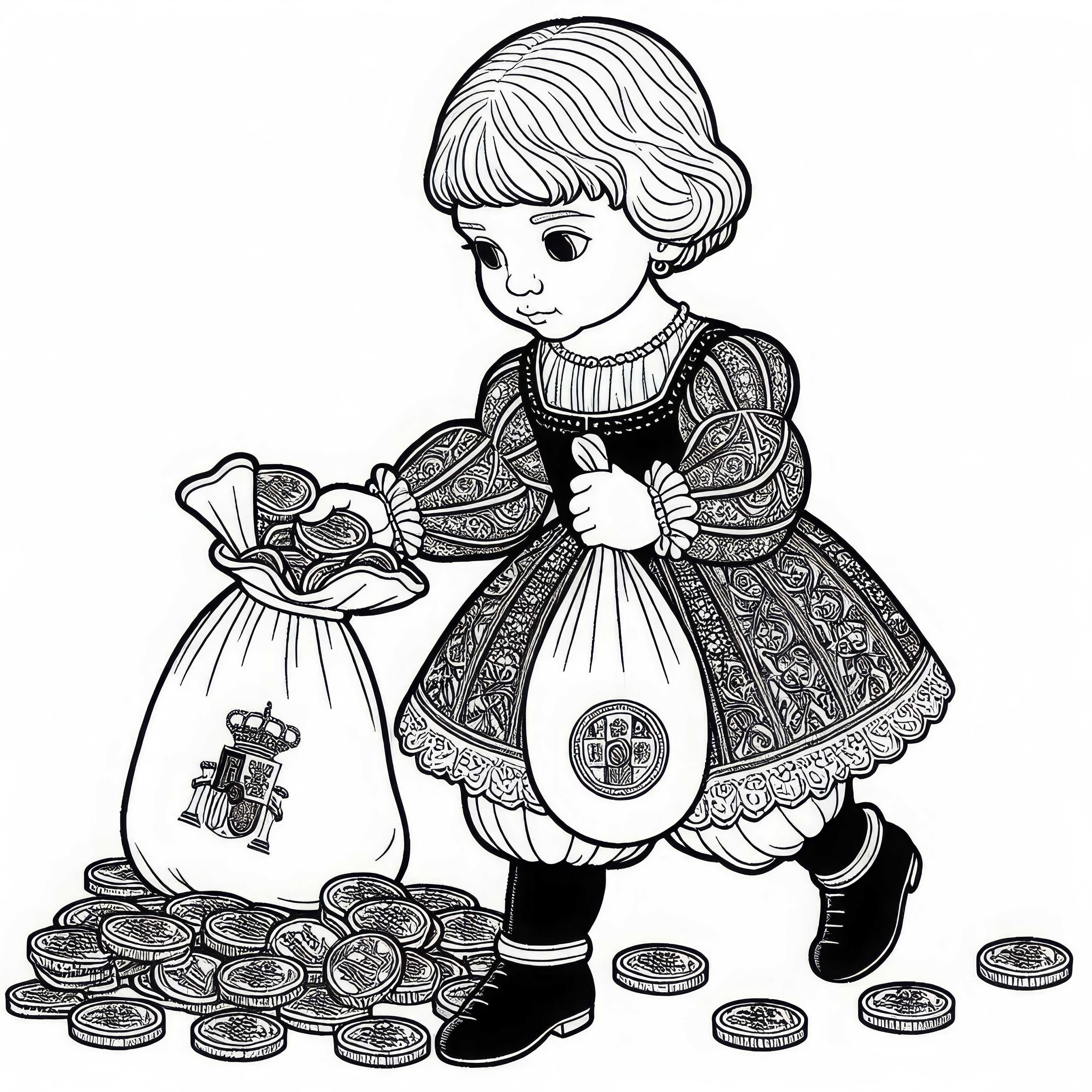 Fată care poartă monede de aur în sac - Desen de colorat din epoca de aur a Spaniei, gratuit